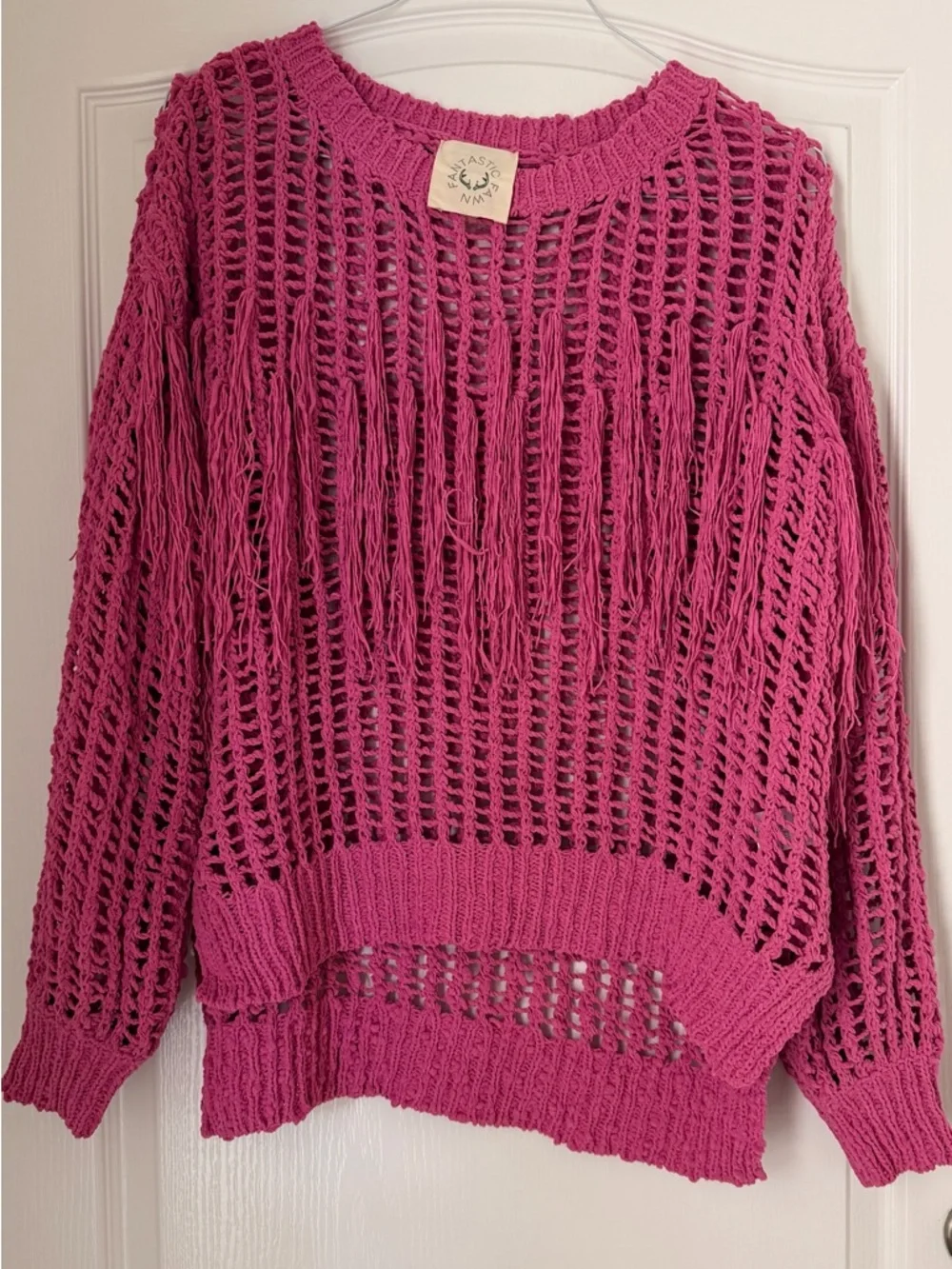 Fantastic Fawn Open-Knit Fringe Sweater — Fuchsia Pink - Picture 6 of 7